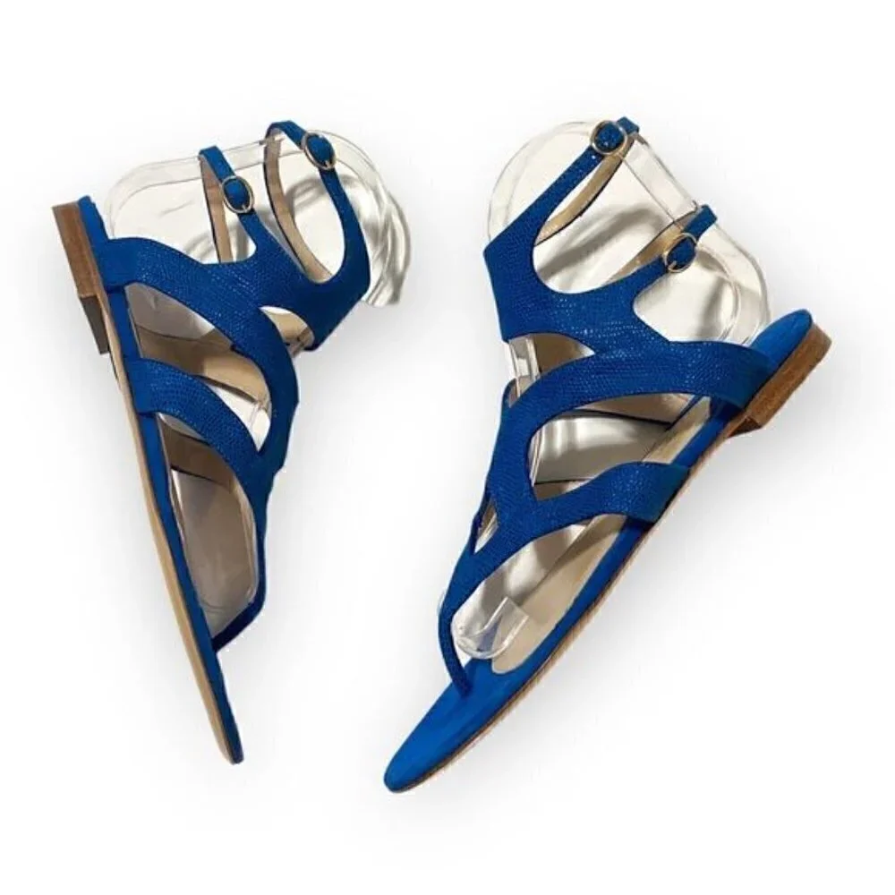 Paul Andrew double ankle strap flat thong sandals in blue embossed suede, New